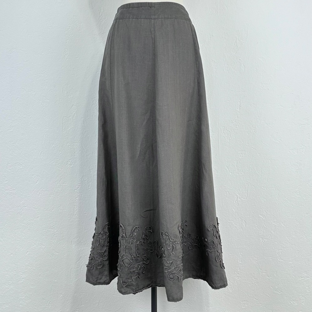 Soft Surroundings Lagenlook Boho Maxi Skirt Size Small Gray 100% Linen Flowy